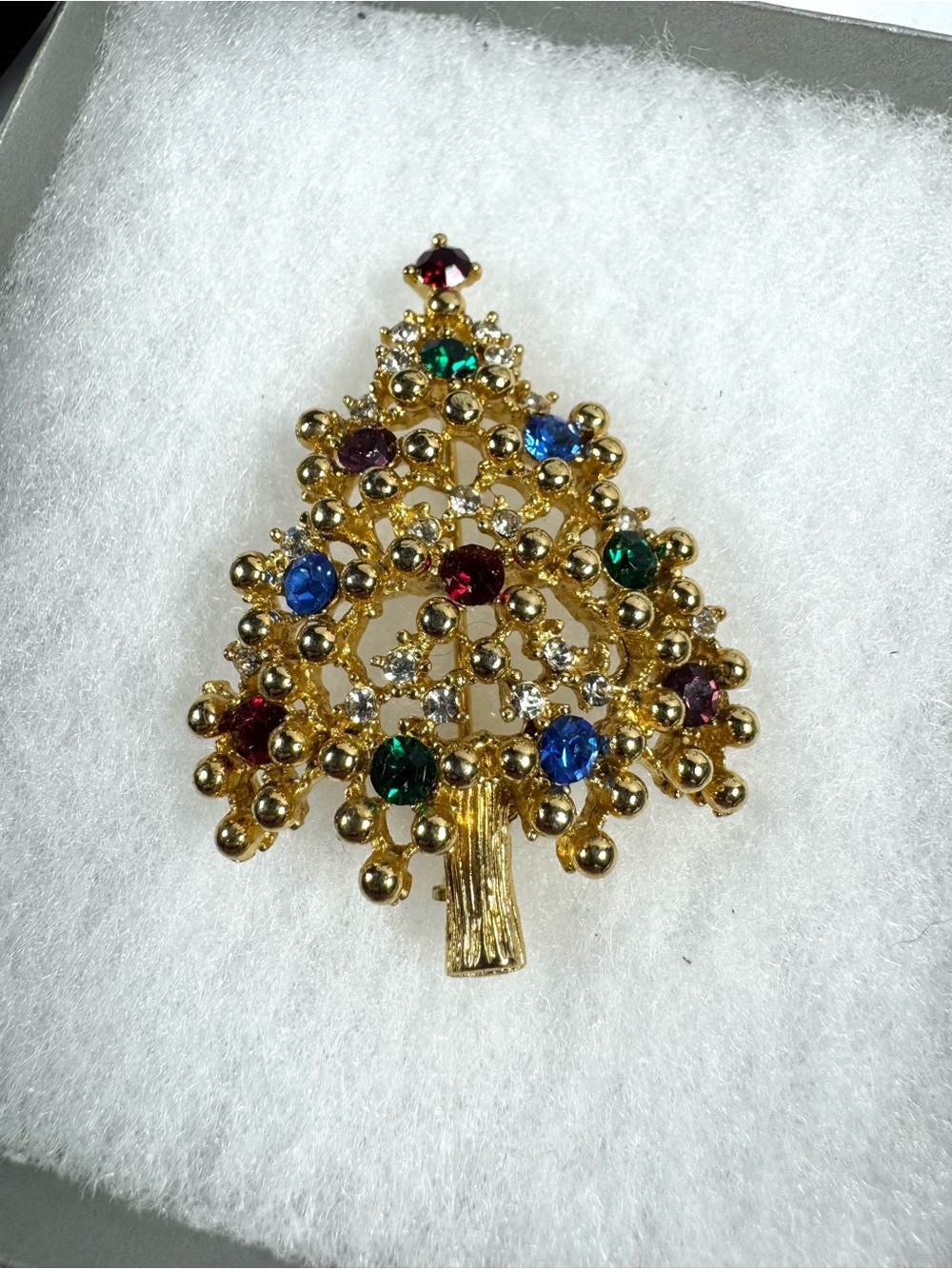 Eisenberg Rhinstone Gold-Tone Christmas 2" Tree Brooch with Multicolored Stones